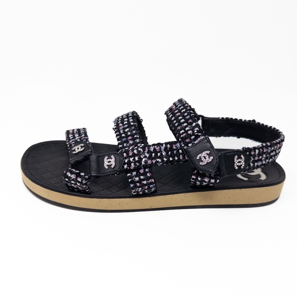 Chanel Tweed Glittered Dad Sandals with Crystal Interlocking CC Size 39 EU - Picture 1 of 8